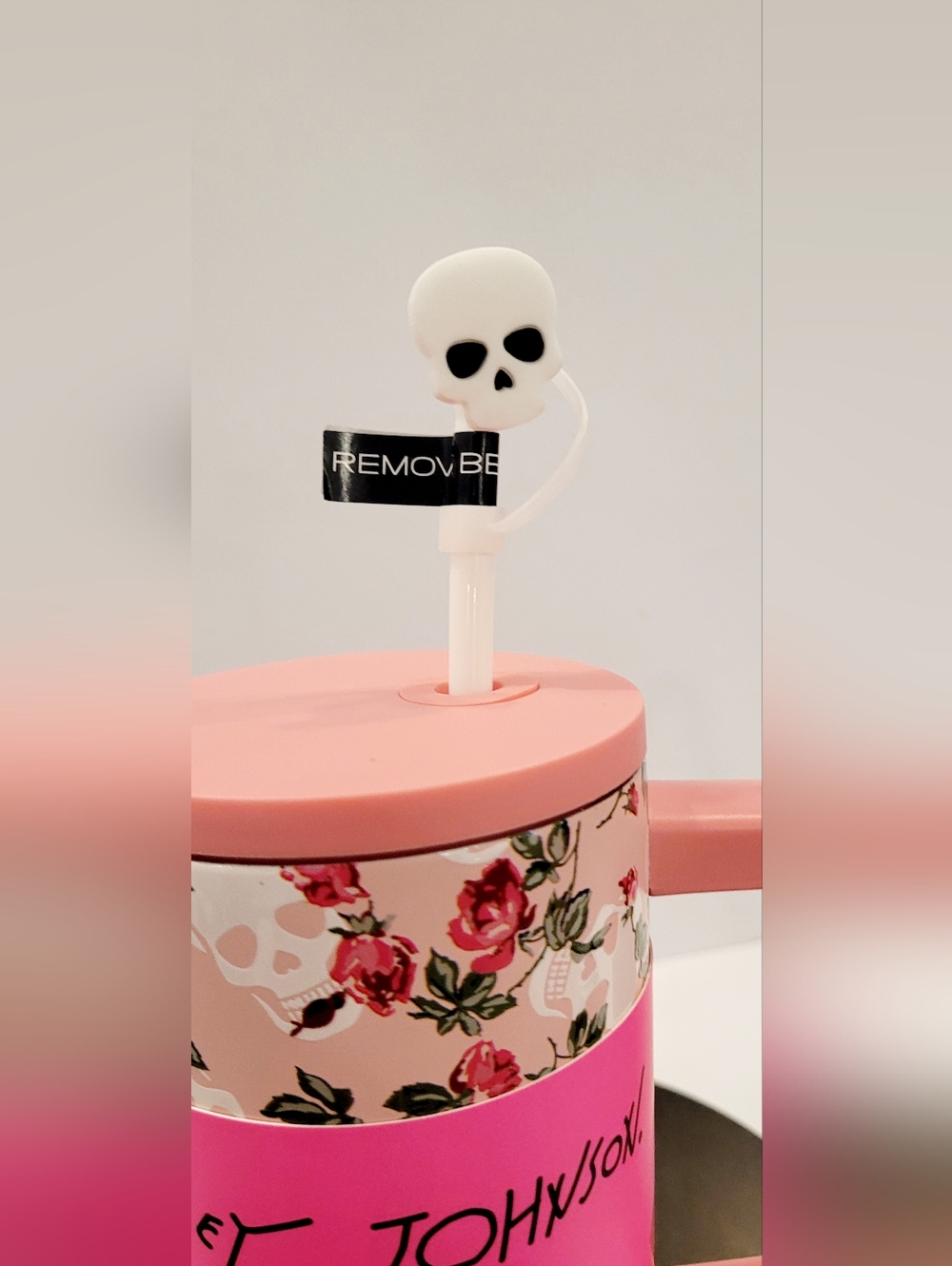 Betsey Johnson Pink Floral Skull Insulated Travel Tumbler with Handle - Picture 4 of 4